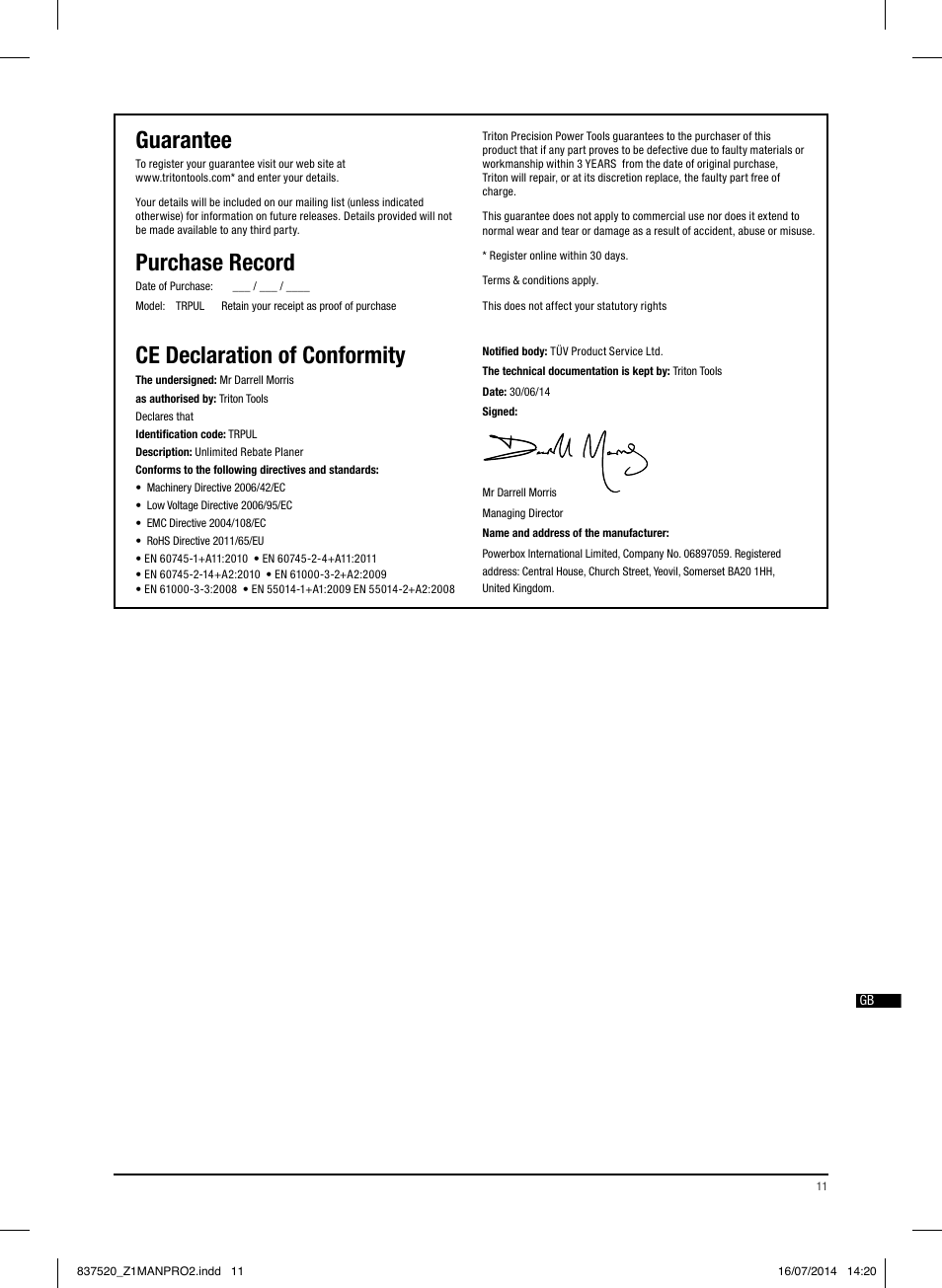 Guarantee, Purchase record, Ce declaration of conformity | Triton TRP UL User Manual | Page 12 / 52
