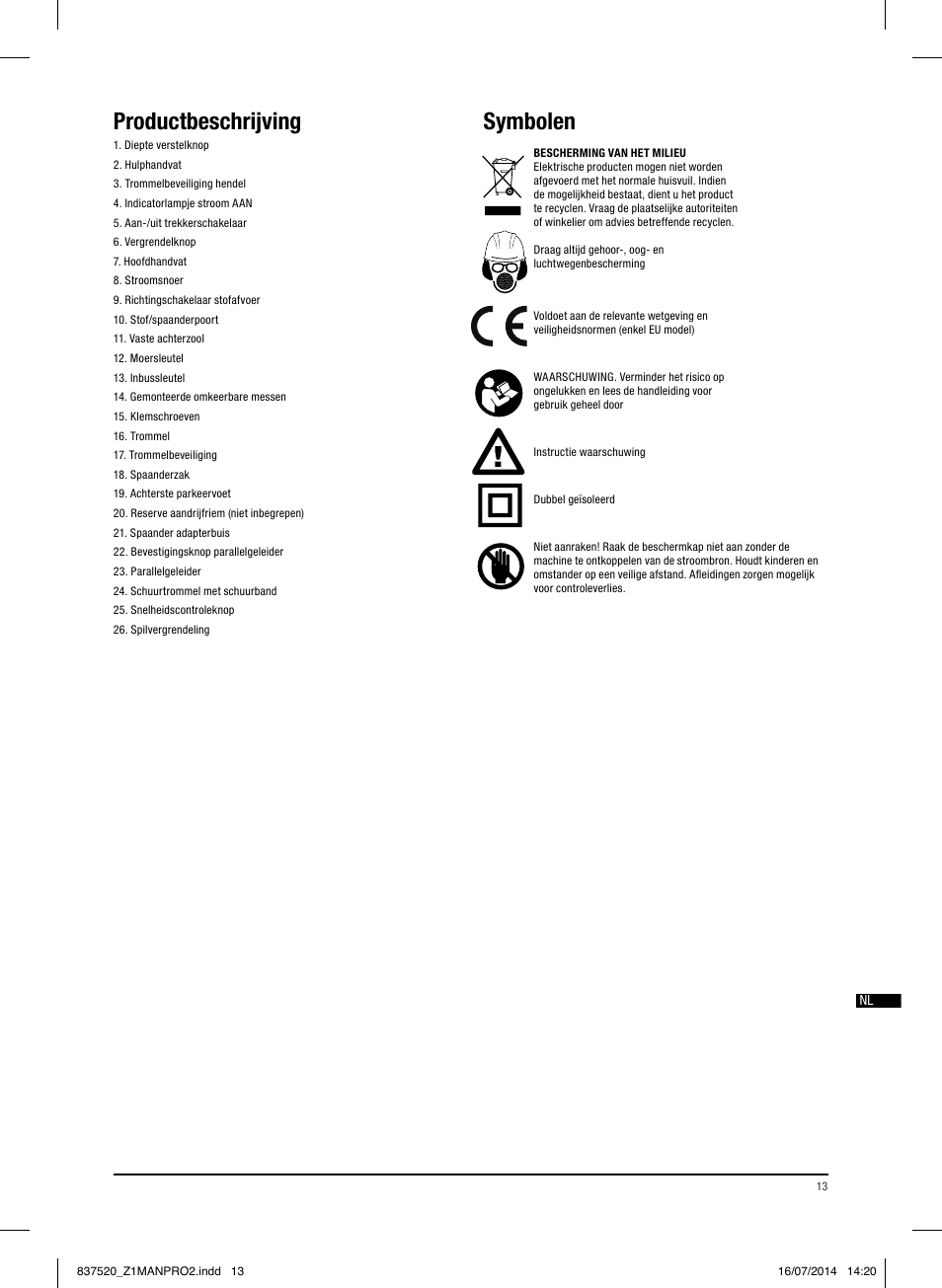 Productbeschrijving, Symbolen | Triton TRP UL User Manual | Page 14 / 52
