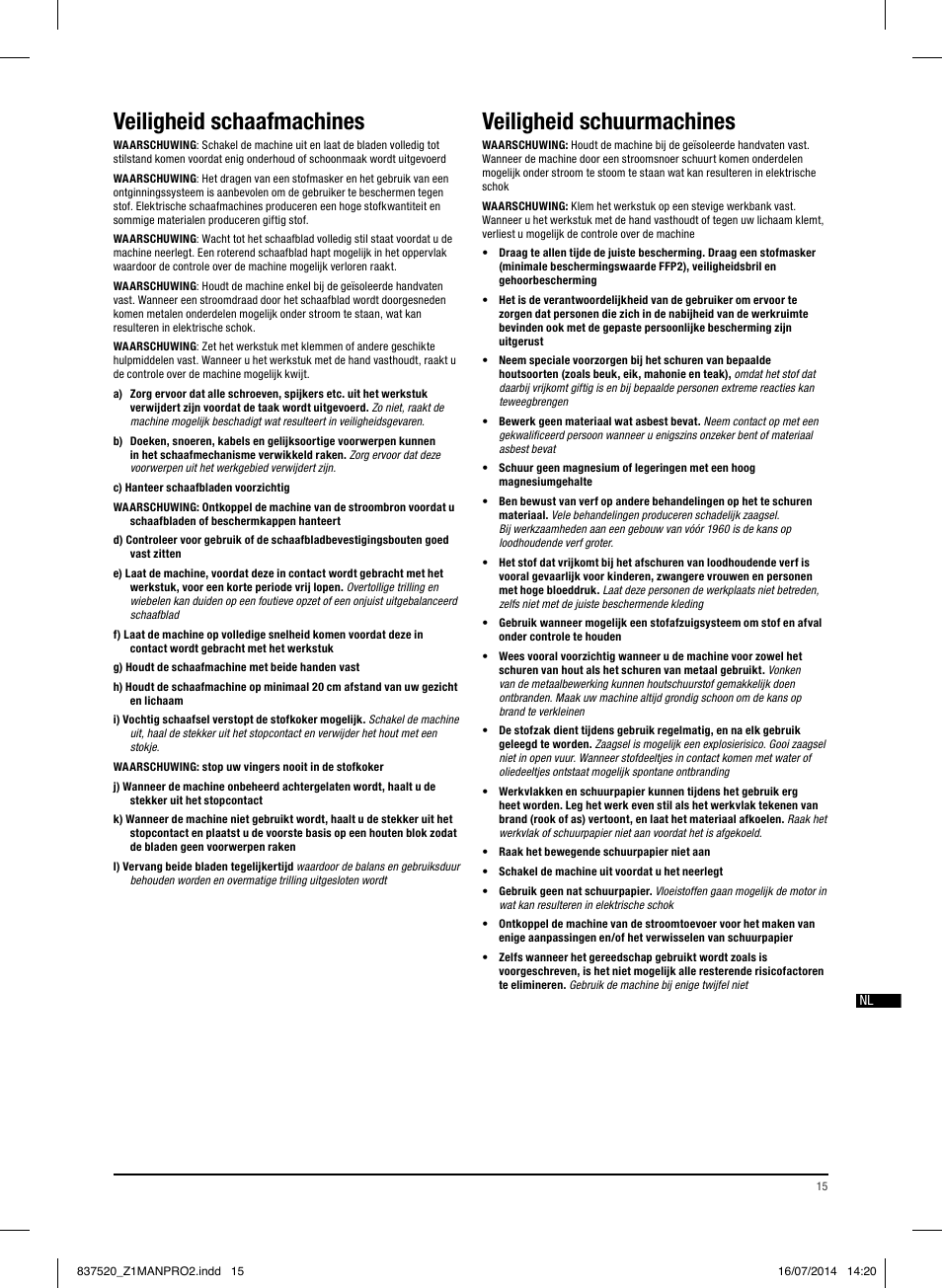 Veiligheid schaafmachines, Veiligheid schuurmachines | Triton TRP UL User Manual | Page 16 / 52