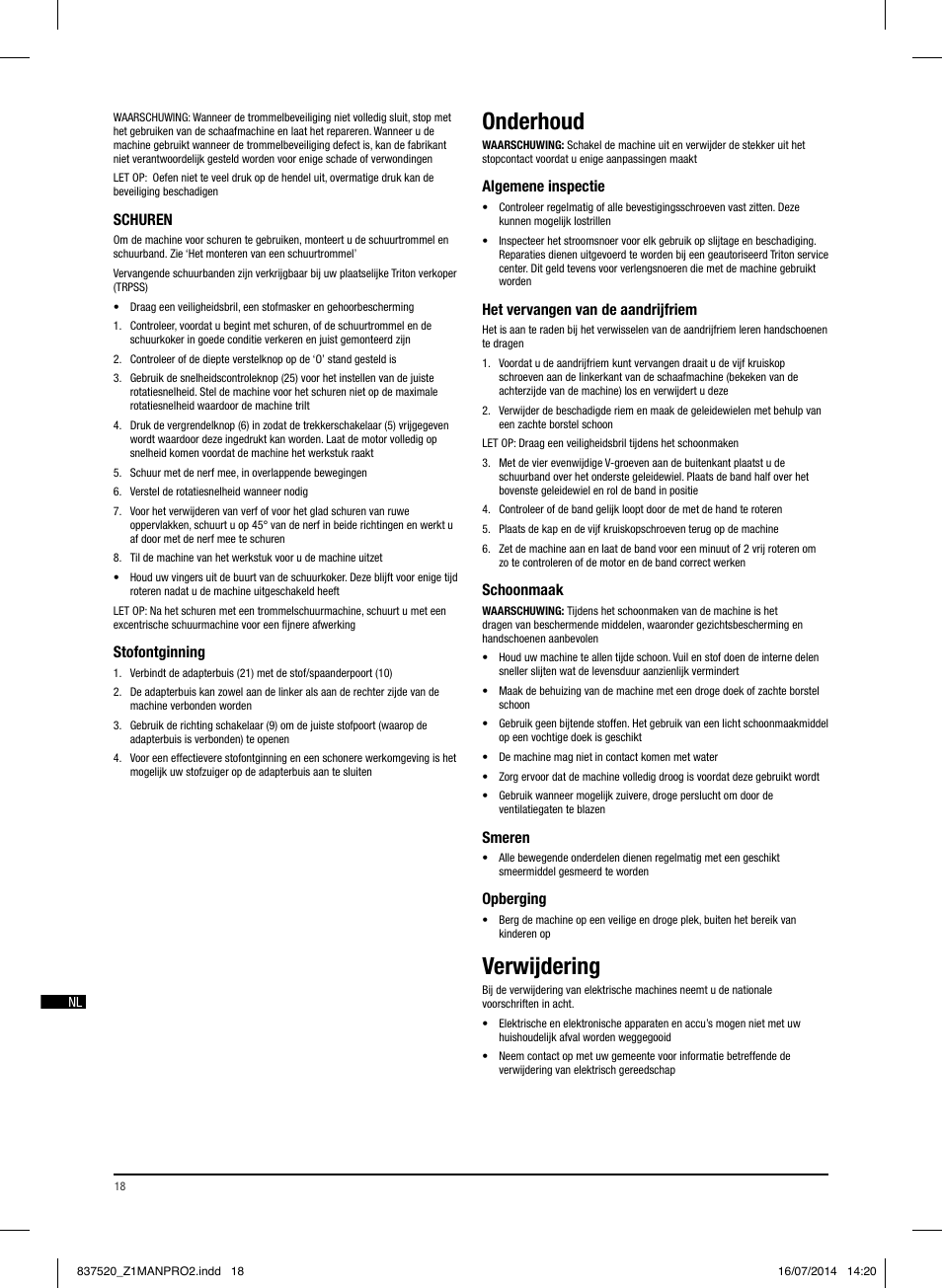 Onderhoud, Verwijdering | Triton TRP UL User Manual | Page 19 / 52