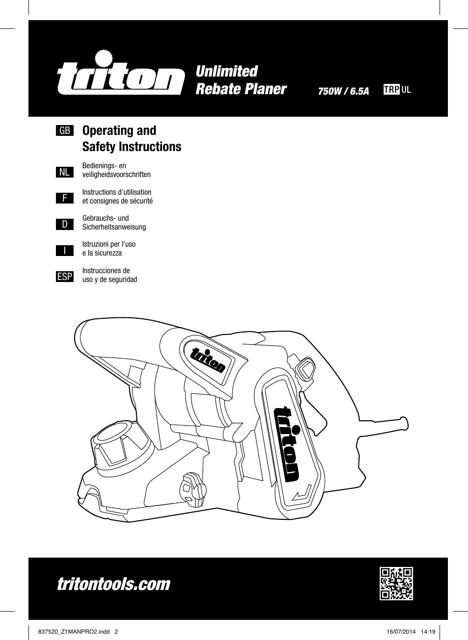 Unlimited rebate planer, Operating and safety instructions | Triton TRP UL User Manual | Page 2 / 52