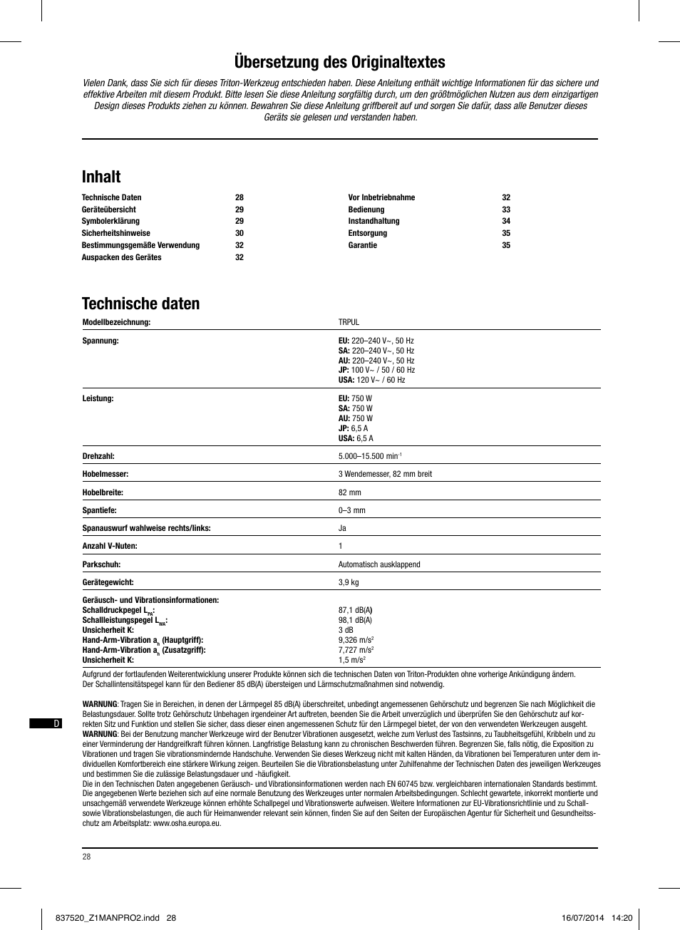 Technische daten inhalt, Übersetzung des originaltextes | Triton TRP UL User Manual | Page 29 / 52
