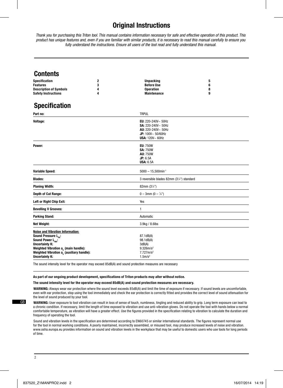 Contents specification original instructions | Triton TRP UL User Manual | Page 3 / 52
