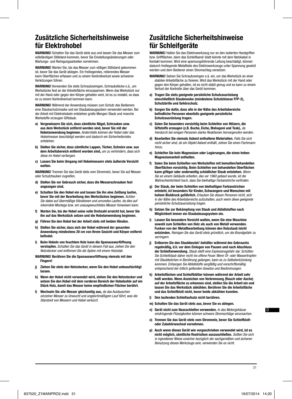 Zusätzliche sicherheitshinweise für elektrohobel, Zusätzliche sicherheitshinweise für schleifgeräte | Triton TRP UL User Manual | Page 32 / 52