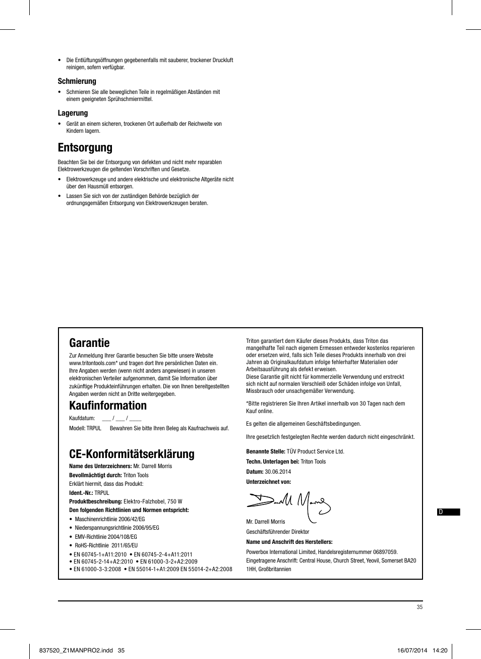 Garantie, Kaufinformation, Ce-konformitätserklärung | Entsorgung | Triton TRP UL User Manual | Page 36 / 52