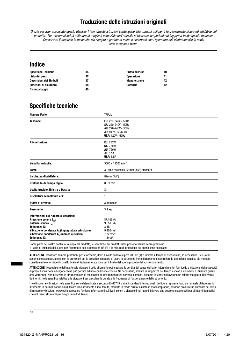 Specifiche tecniche indice, Traduzione delle istruzioni originali | Triton TRP UL User Manual | Page 37 / 52