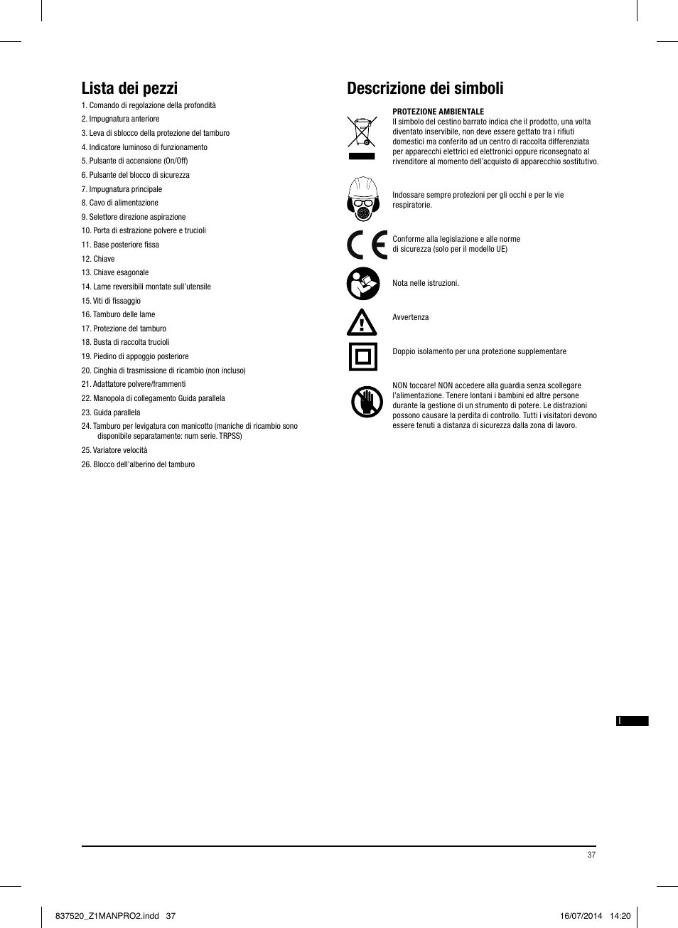 Lista dei pezzi, Descrizione dei simboli | Triton TRP UL User Manual | Page 38 / 52