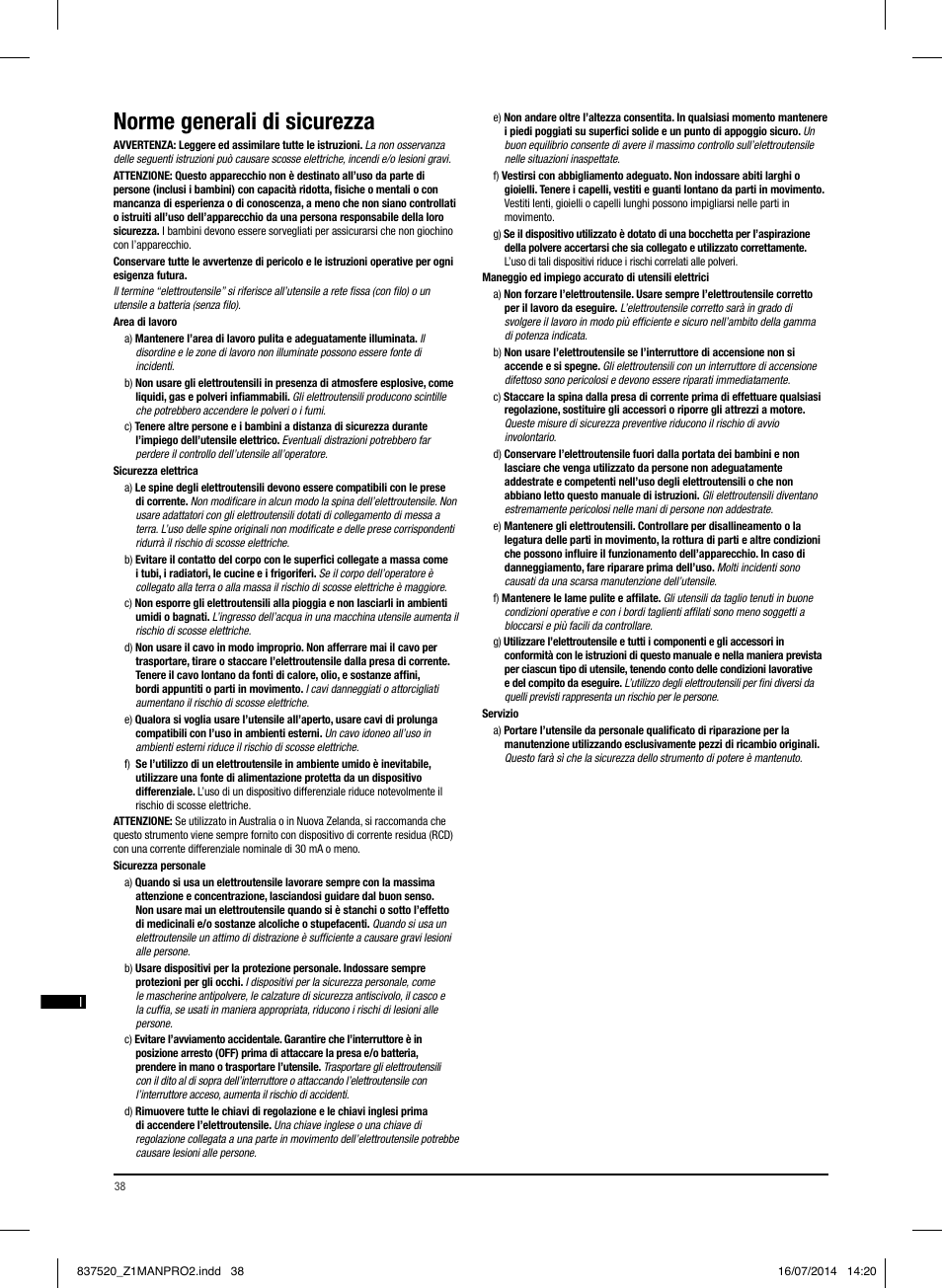 Norme generali di sicurezza | Triton TRP UL User Manual | Page 39 / 52