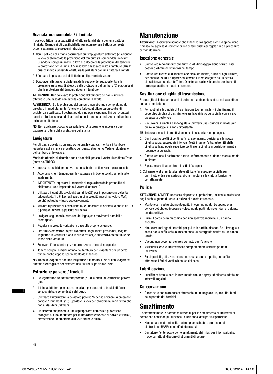 Manutenzione, Smaltimento | Triton TRP UL User Manual | Page 43 / 52