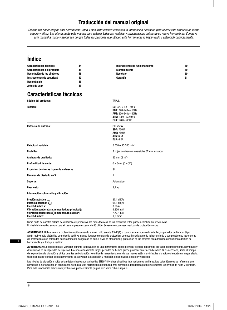 Características técnicas índice, Traducción del manual original | Triton TRP UL User Manual | Page 45 / 52