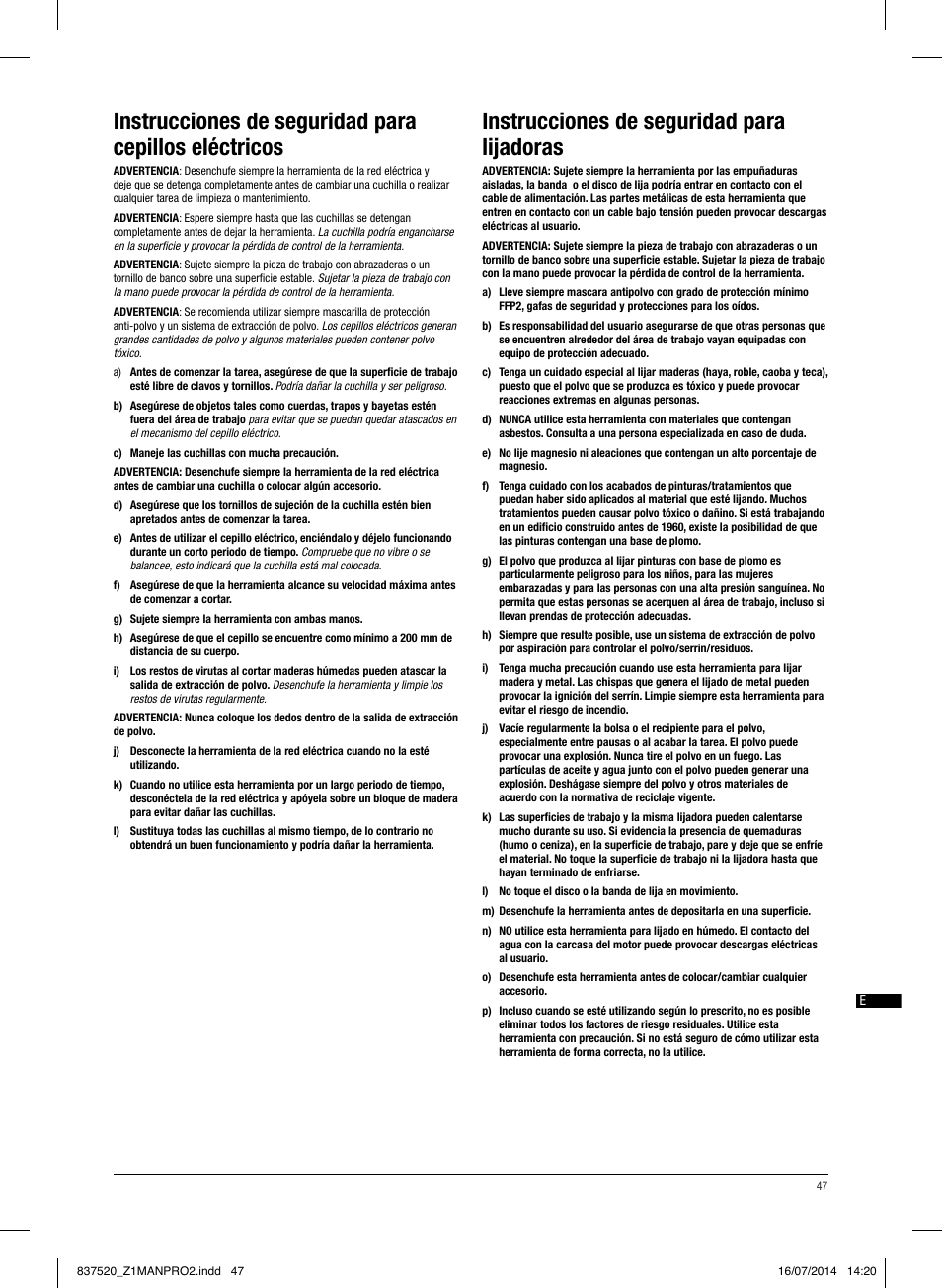 Instrucciones de seguridad para lijadoras | Triton TRP UL User Manual | Page 48 / 52