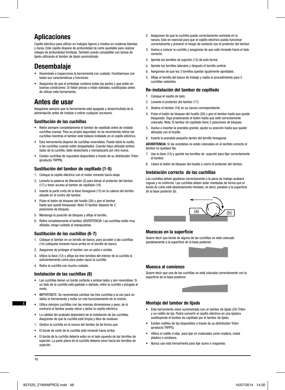 Aplicaciones, Desembalaje, Antes de usar | A) (b) (a) (b) (a) (b) | Triton TRP UL User Manual | Page 49 / 52