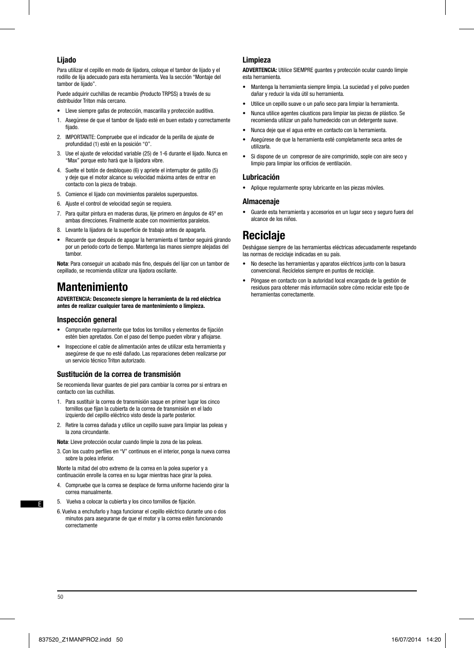 Mantenimiento, Reciclaje | Triton TRP UL User Manual | Page 51 / 52