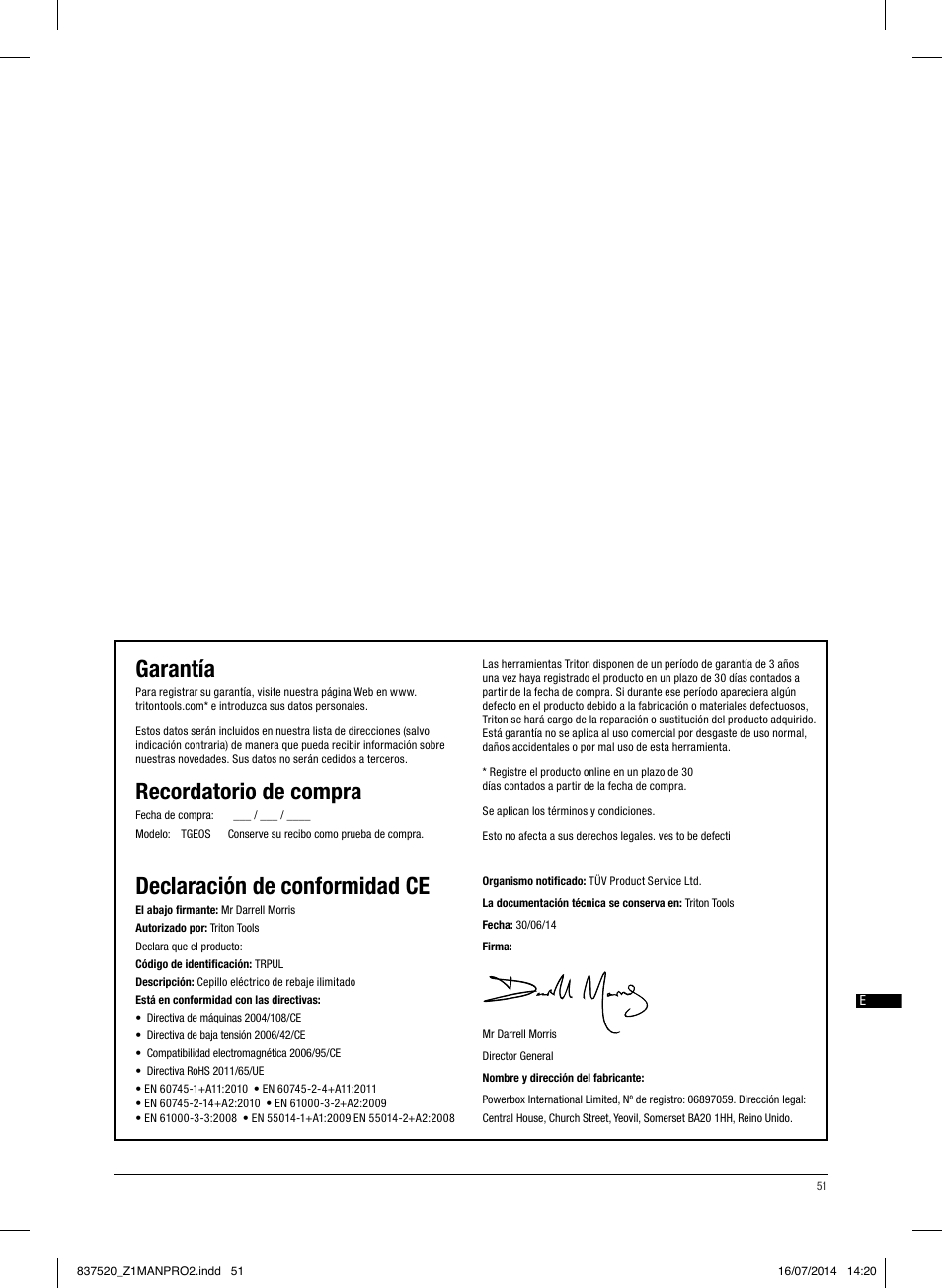 Garantía, Recordatorio de compra, Declaración de conformidad ce | Triton TRP UL User Manual | Page 52 / 52