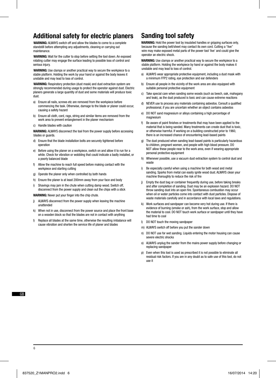 Additional safety for electric planers, Sanding tool safety | Triton TRP UL User Manual | Page 7 / 52