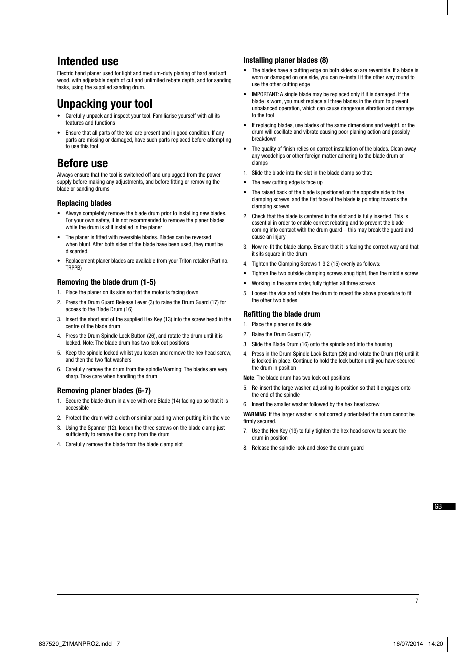 Intended use, Unpacking your tool, Before use | Triton TRP UL User Manual | Page 8 / 52