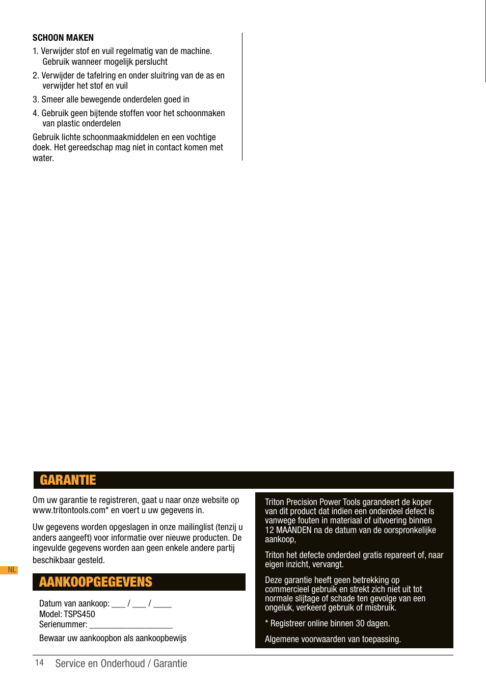 Aankoopgegevens, Garantie | Triton TSP S450 User Manual | Page 14 / 40