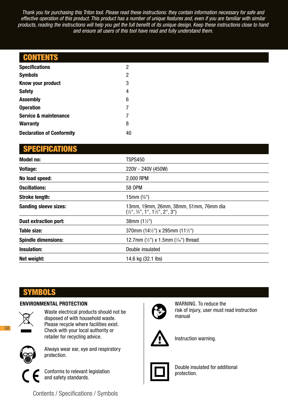Contents specifications, Symbols, Contents / specifications / symbols | Triton TSP S450 User Manual | Page 2 / 40
