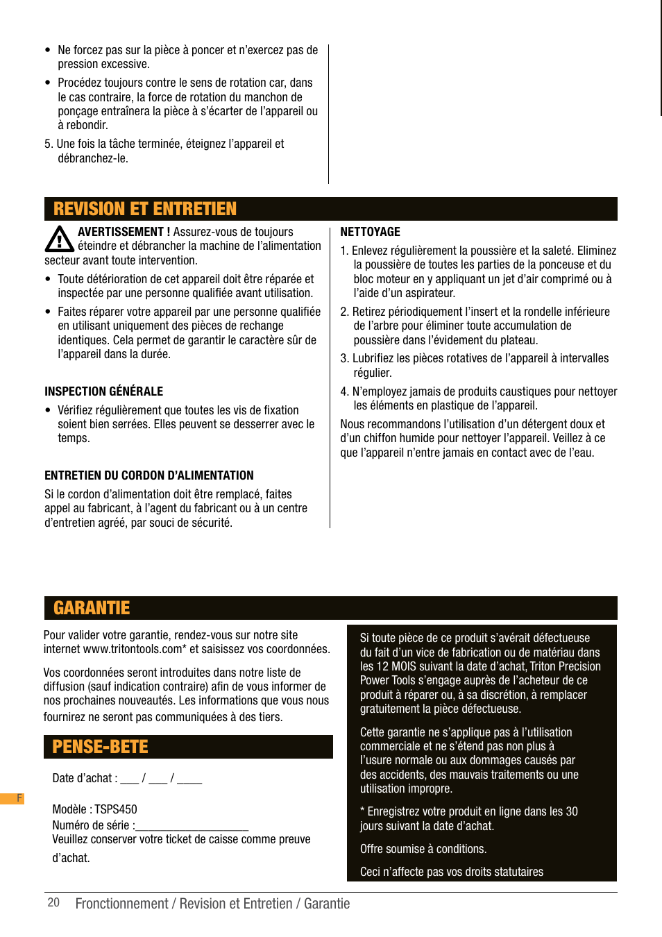 Revision et entretien, Pense-bete, Garantie | Triton TSP S450 User Manual | Page 20 / 40