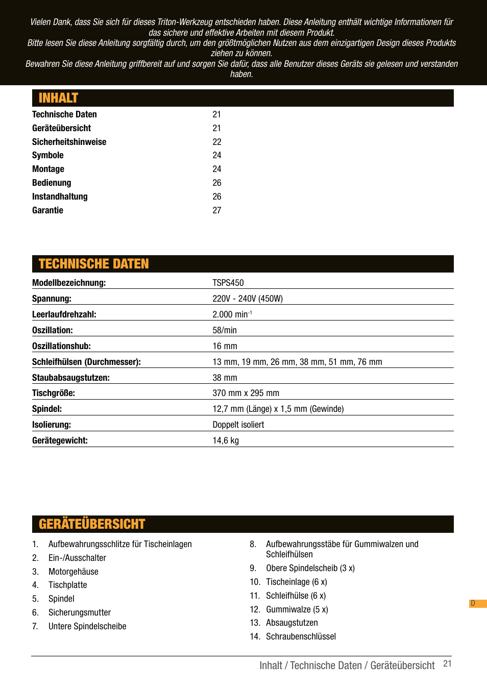 Inhalt technische daten, Geräteübersicht | Triton TSP S450 User Manual | Page 21 / 40