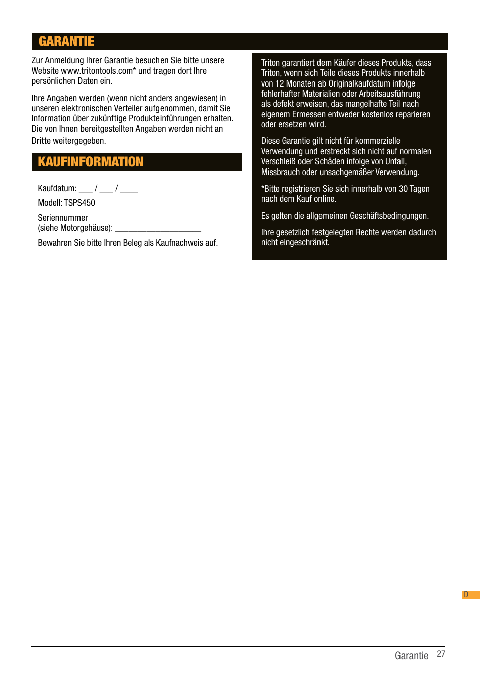 Kaufinformation, Garantie | Triton TSP S450 User Manual | Page 27 / 40