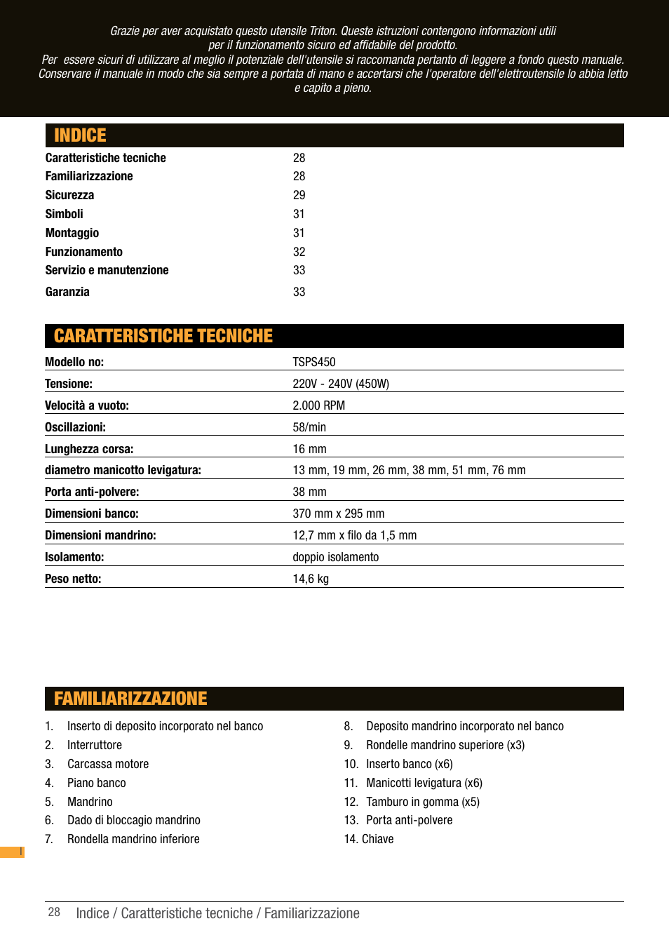 Indice caratteristiche tecniche, Familiarizzazione | Triton TSP S450 User Manual | Page 28 / 40