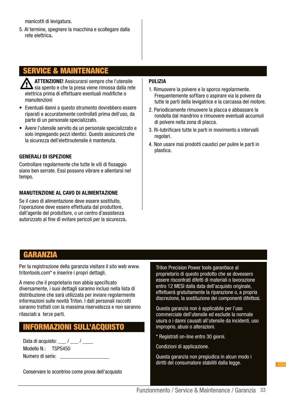 Service & maintenance, Informazioni sull’acquisto, Garanzia | Triton TSP S450 User Manual | Page 33 / 40