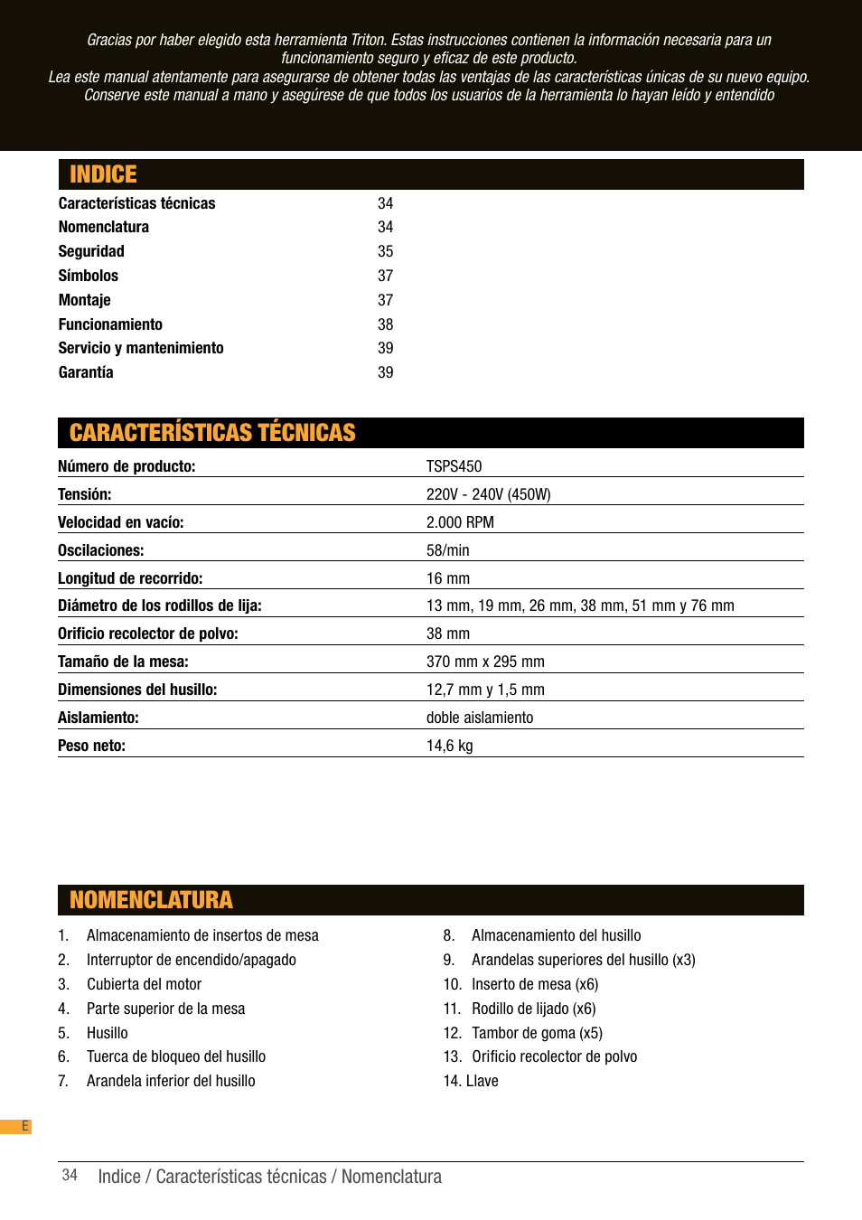 Indice características técnicas, Nomenclatura | Triton TSP S450 User Manual | Page 34 / 40