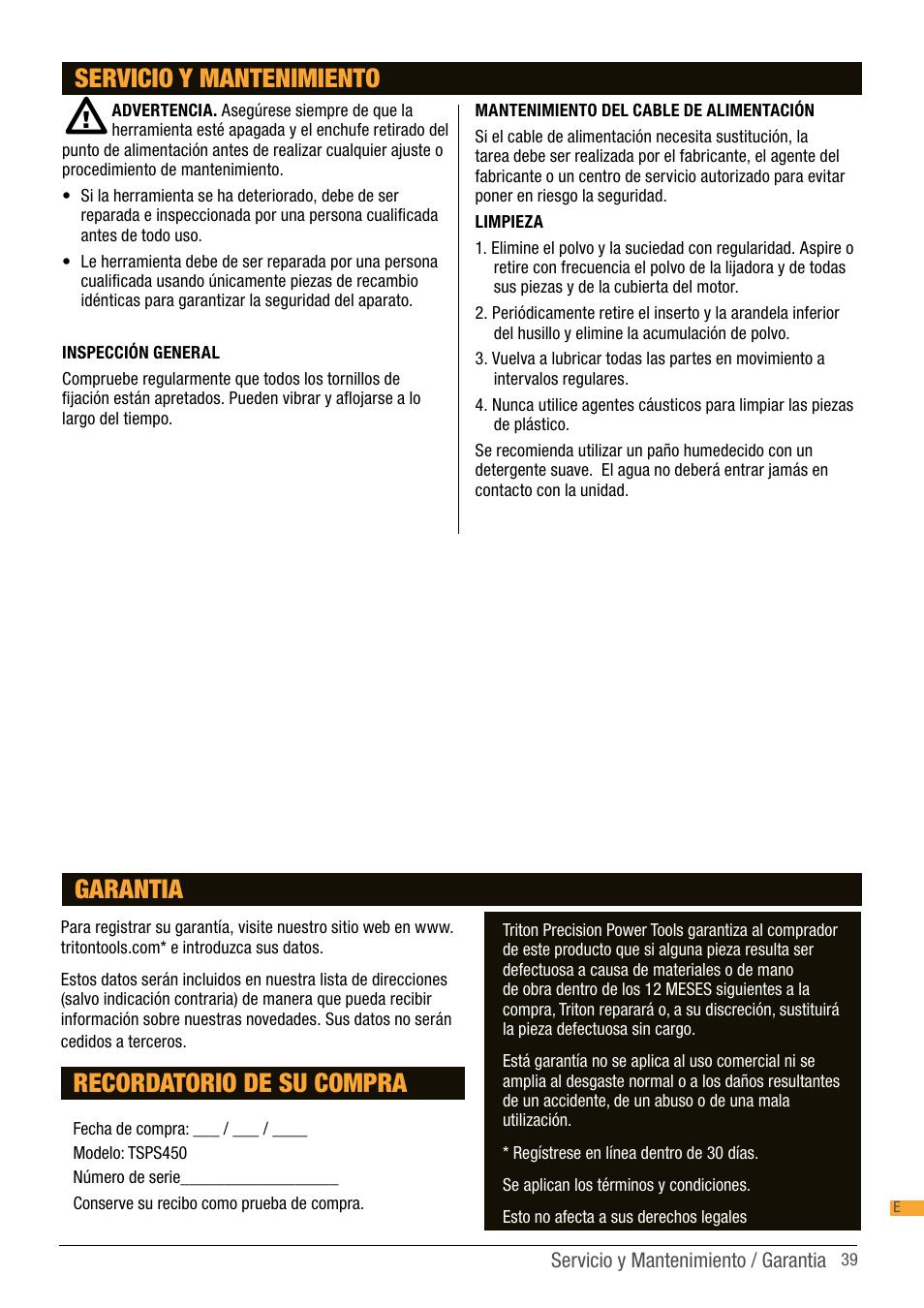 Servicio y mantenimiento, Recordatorio de su compra, Garantia | Triton TSP S450 User Manual | Page 39 / 40