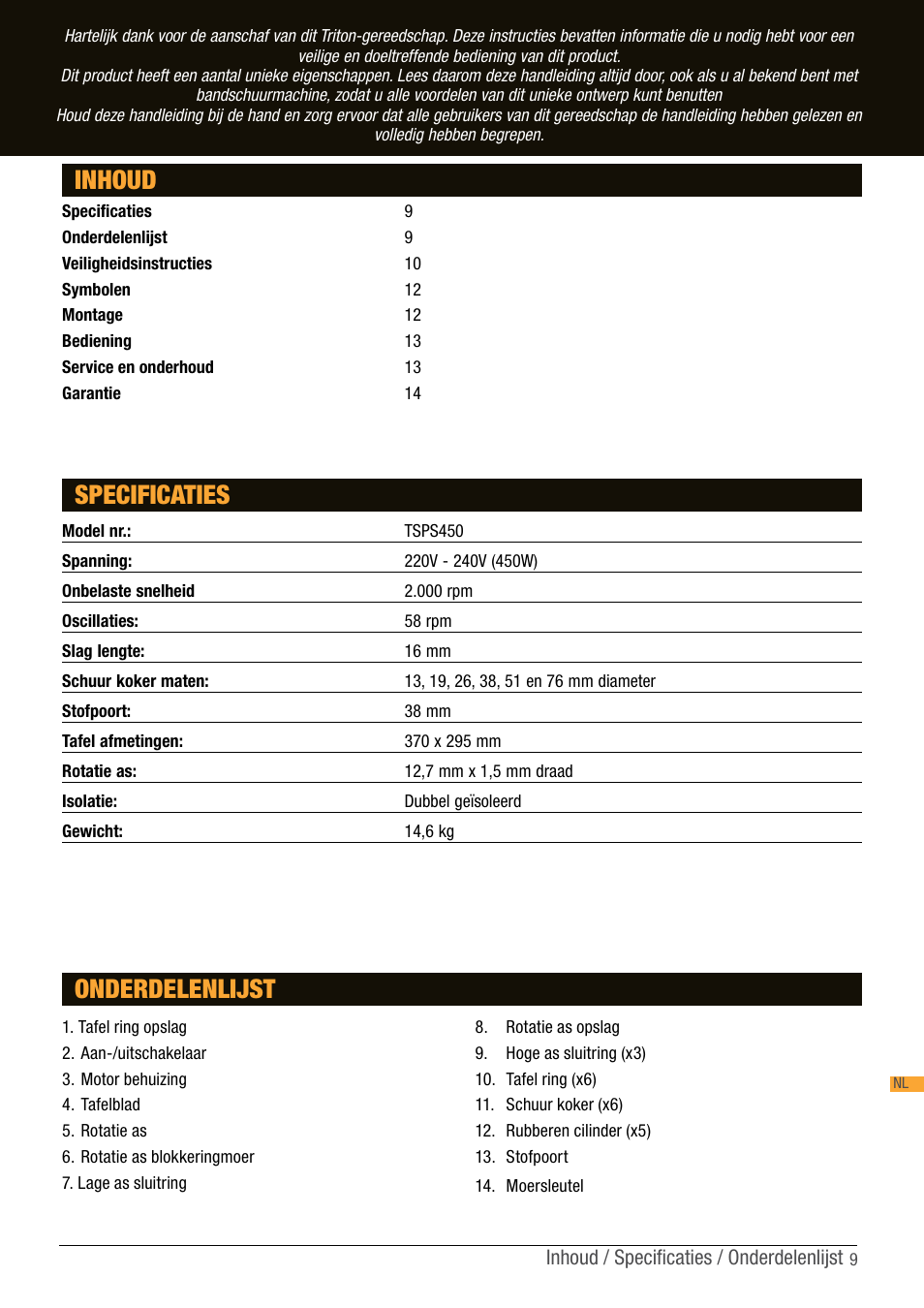 Inhoud specificaties, Onderdelenlijst | Triton TSP S450 User Manual | Page 9 / 40