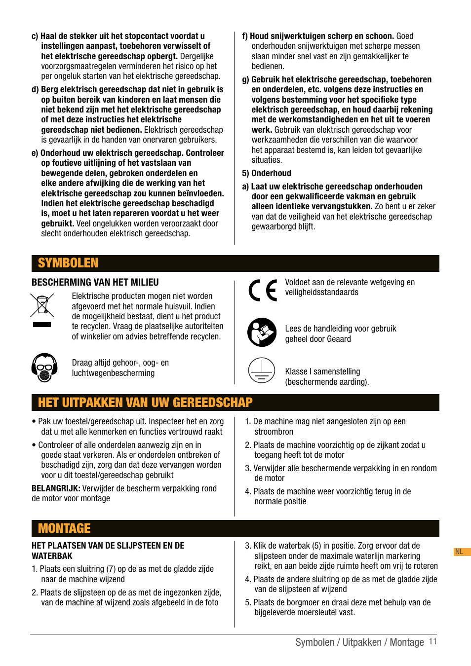 Symbolen, Het uitpakken van uw gereedschap, Montage | Triton TWS S10 User Manual | Page 11 / 44