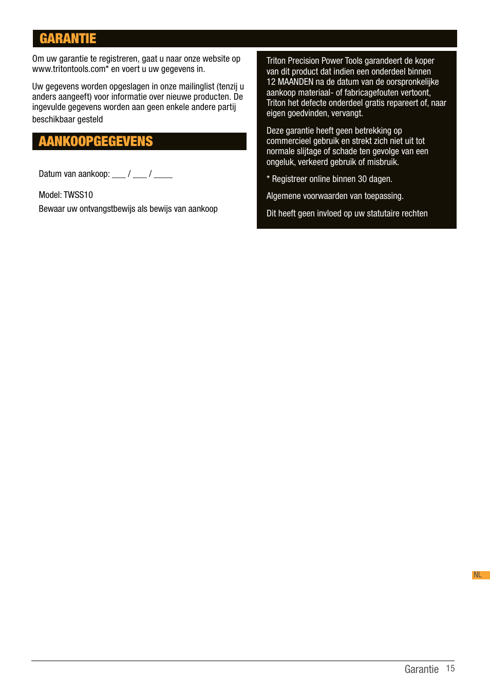 Aankoopgegevens, Garantie | Triton TWS S10 User Manual | Page 15 / 44