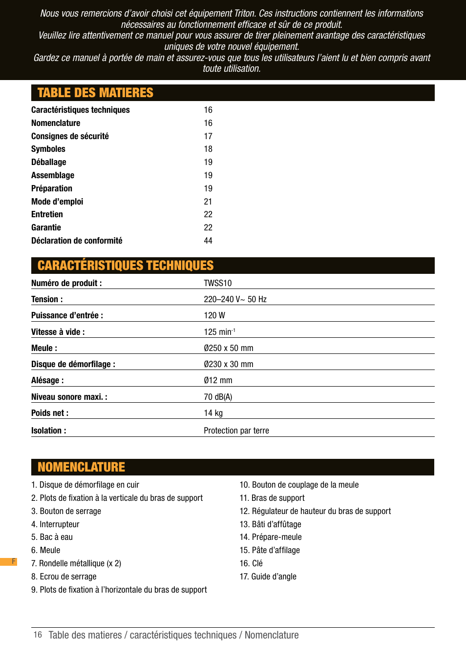 Table des matieres caractéristiques techniques, Nomenclature | Triton TWS S10 User Manual | Page 16 / 44