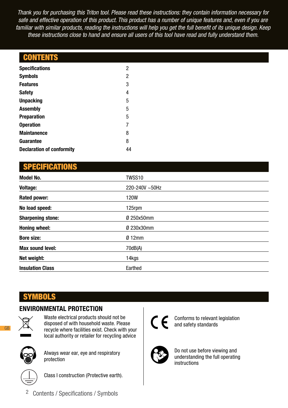 Contents specifications, Symbols | Triton TWS S10 User Manual | Page 2 / 44