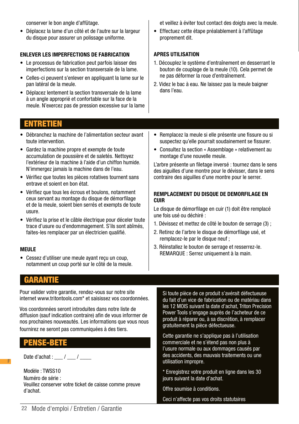 Entretien, Pense-bete, Garantie | Triton TWS S10 User Manual | Page 22 / 44