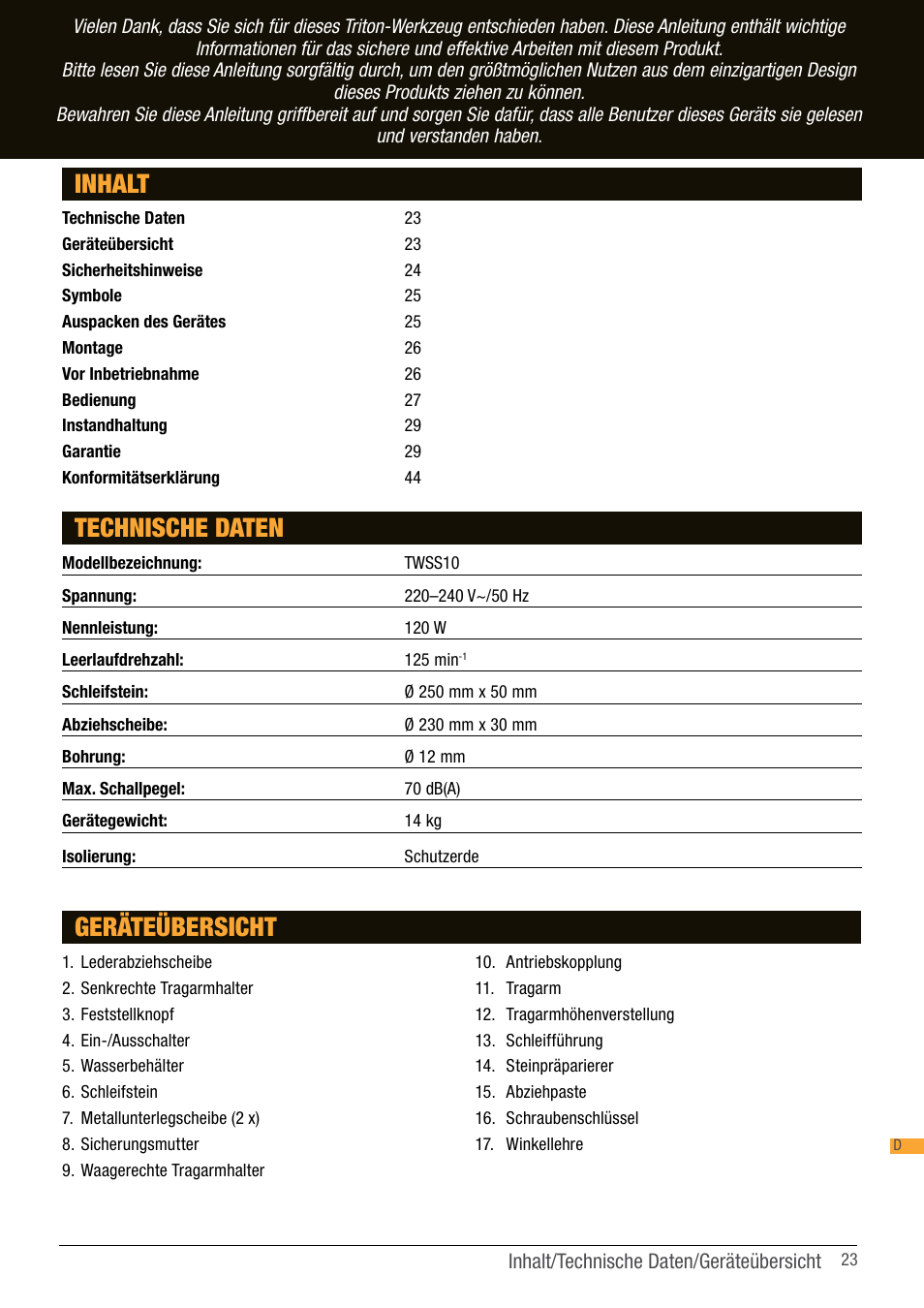 Inhalt technische daten, Geräteübersicht | Triton TWS S10 User Manual | Page 23 / 44