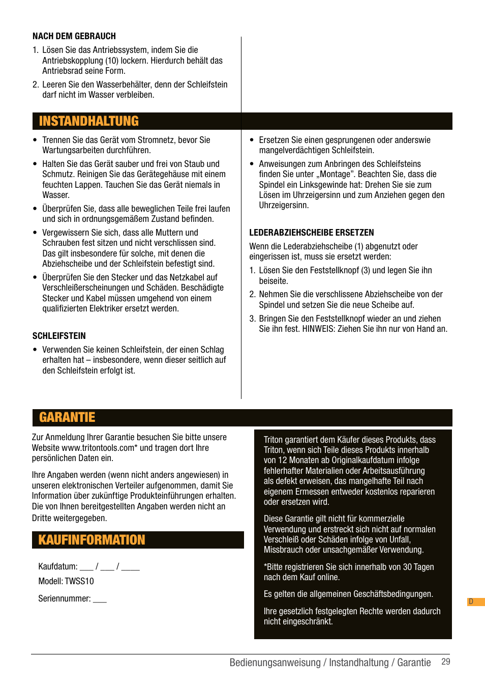 Instandhaltung, Kaufinformation, Garantie | Triton TWS S10 User Manual | Page 29 / 44