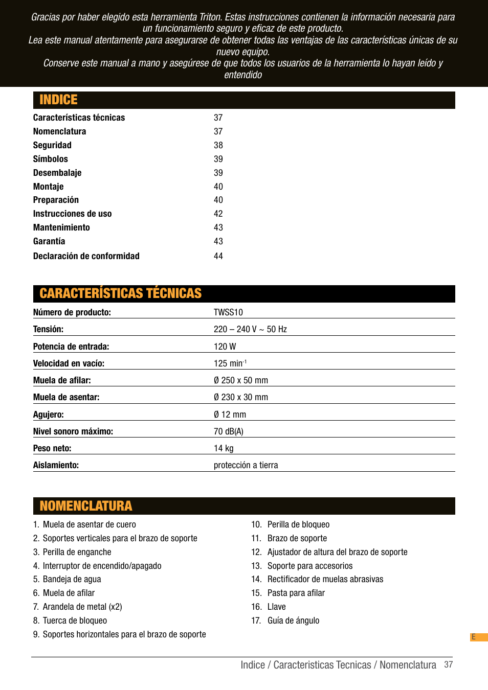 Indice características técnicas, Nomenclatura | Triton TWS S10 User Manual | Page 37 / 44