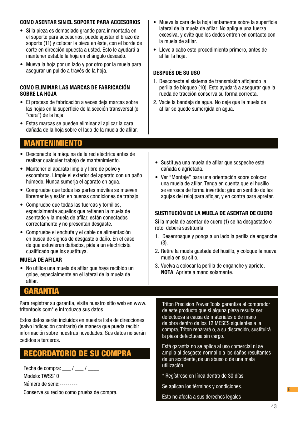 Mantenimiento, Recordatorio de su compra, Garantia | Triton TWS S10 User Manual | Page 43 / 44
