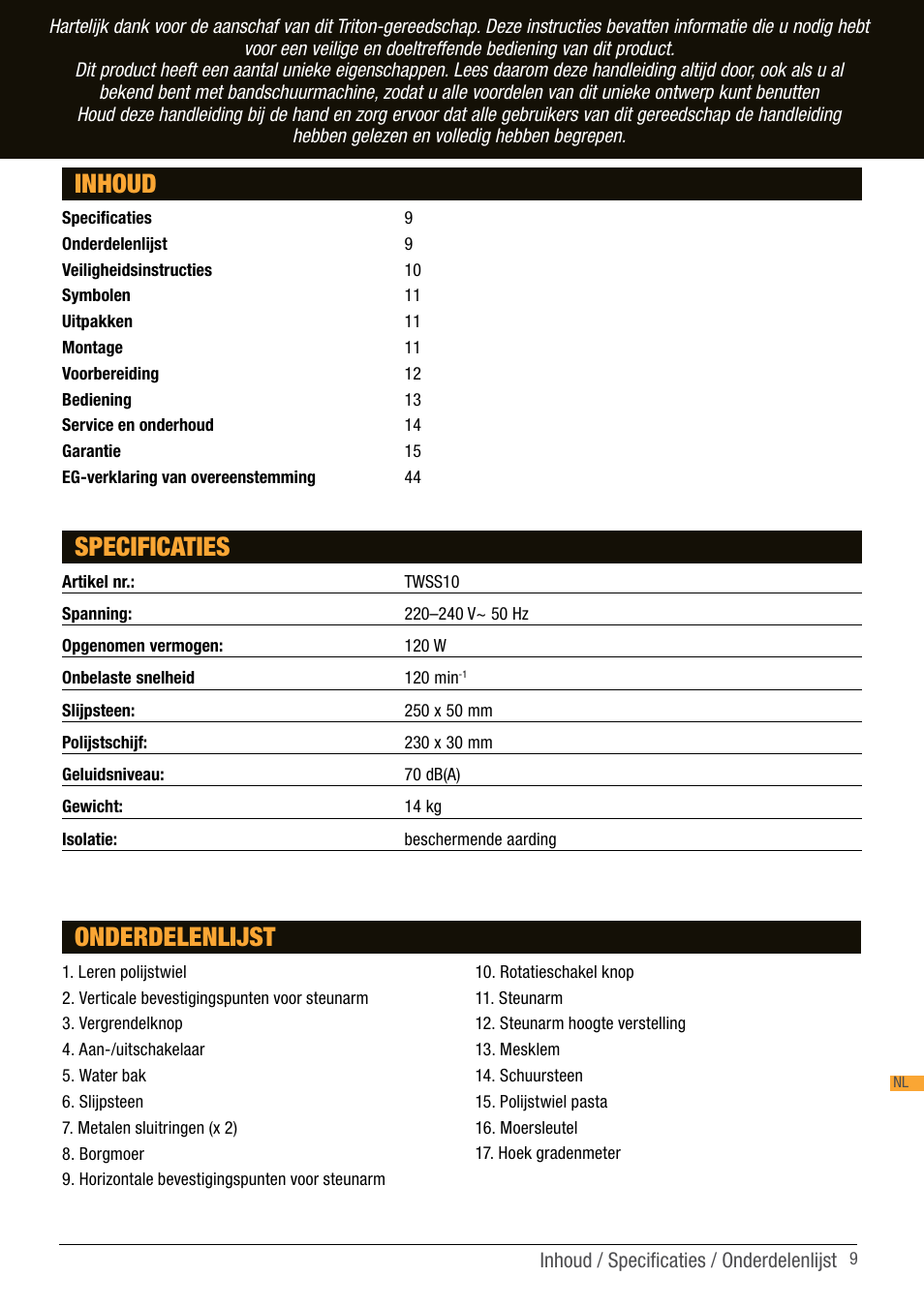 Inhoud specificaties, Onderdelenlijst | Triton TWS S10 User Manual | Page 9 / 44