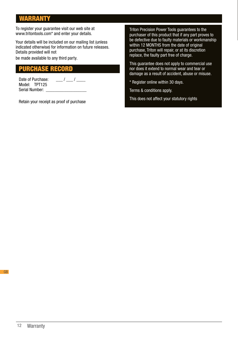 Purchase record, Warranty | Triton TPT 125 User Manual | Page 12 / 64