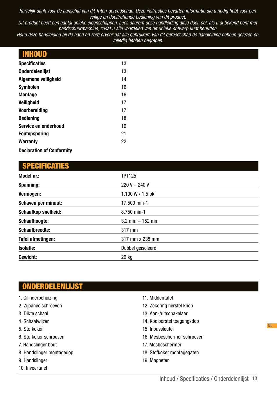 Inhoud specificaties, Onderdelenlijst | Triton TPT 125 User Manual | Page 13 / 64