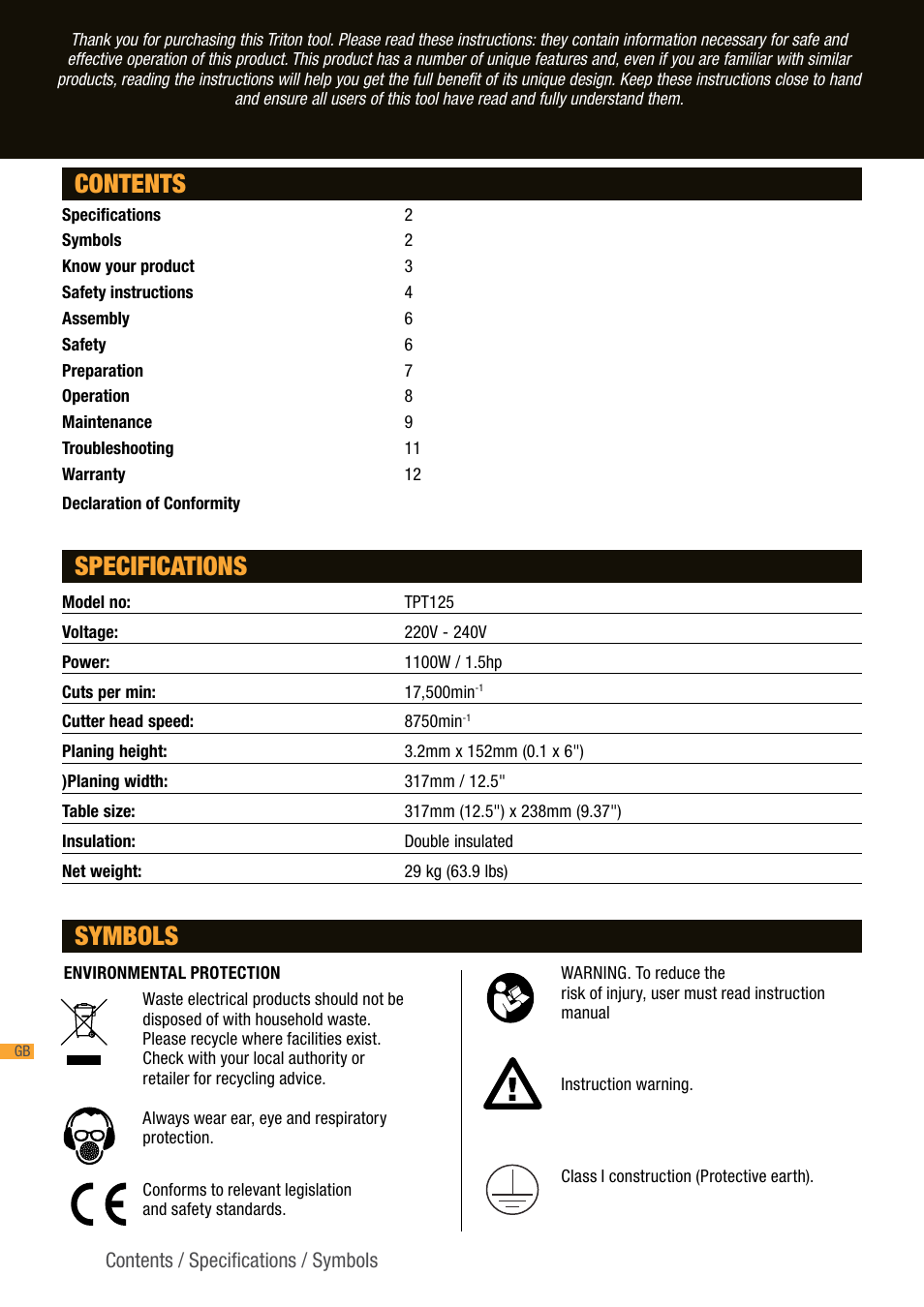 Contents specifications, Symbols | Triton TPT 125 User Manual | Page 2 / 64