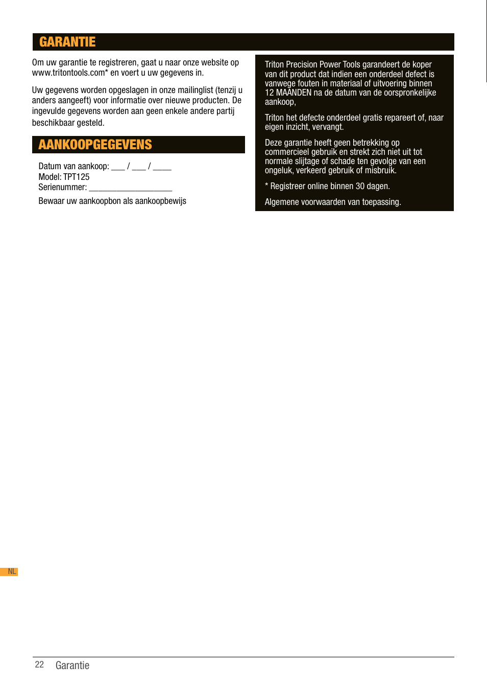 Aankoopgegevens, Garantie | Triton TPT 125 User Manual | Page 22 / 64