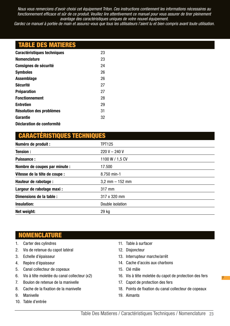 Table des matieres caractéristiques techniques, Nomenclature | Triton TPT 125 User Manual | Page 23 / 64
