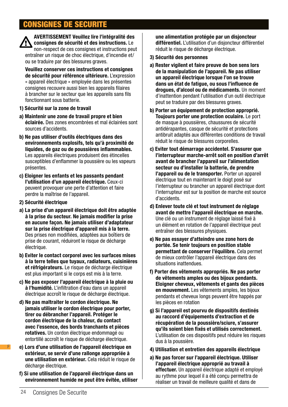 Consignes de securite | Triton TPT 125 User Manual | Page 24 / 64