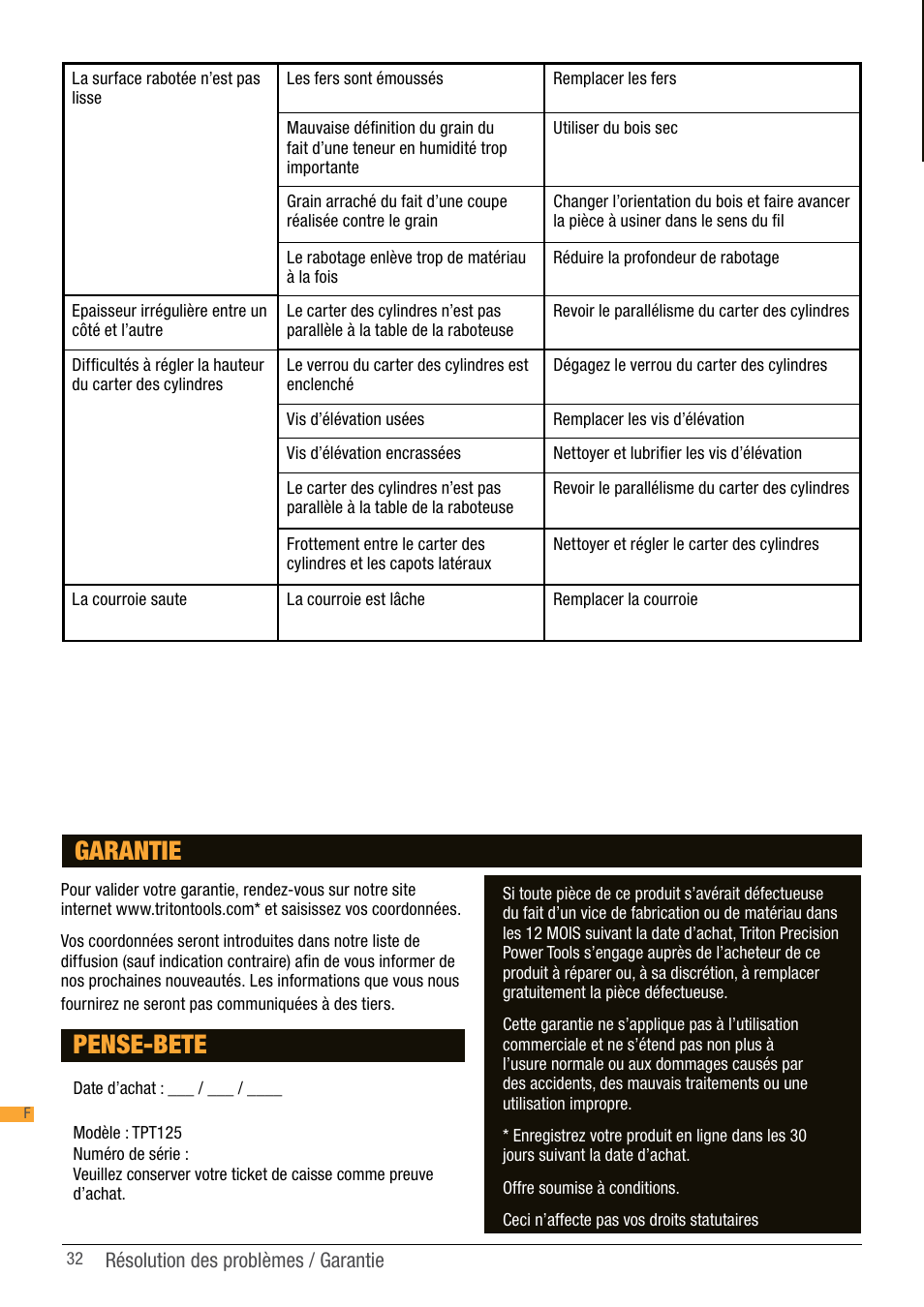 Pense-bete, Garantie | Triton TPT 125 User Manual | Page 32 / 64