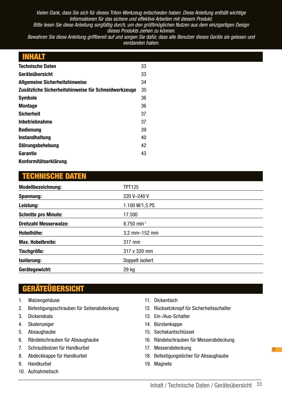 Inhalt technische daten, Geräteübersicht | Triton TPT 125 User Manual | Page 33 / 64