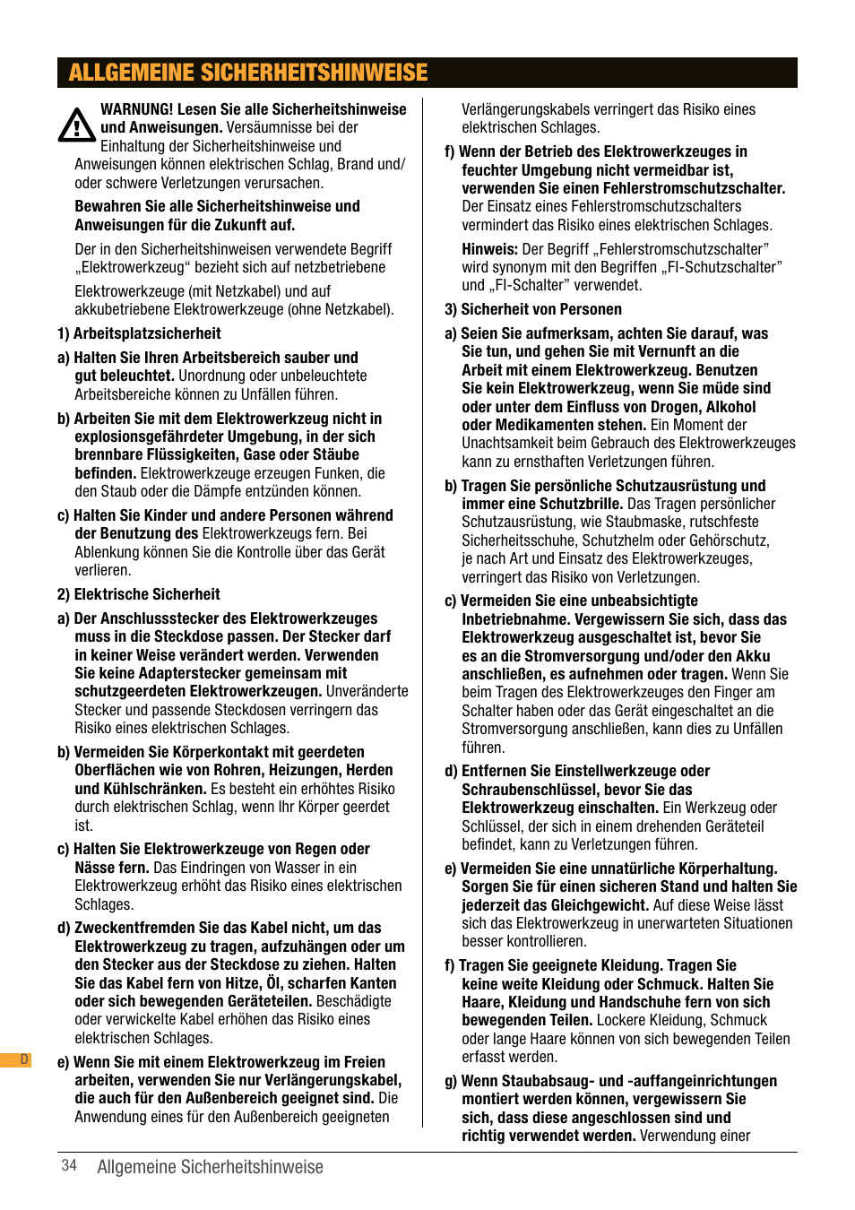 Allgemeine sicherheitshinweise | Triton TPT 125 User Manual | Page 34 / 64