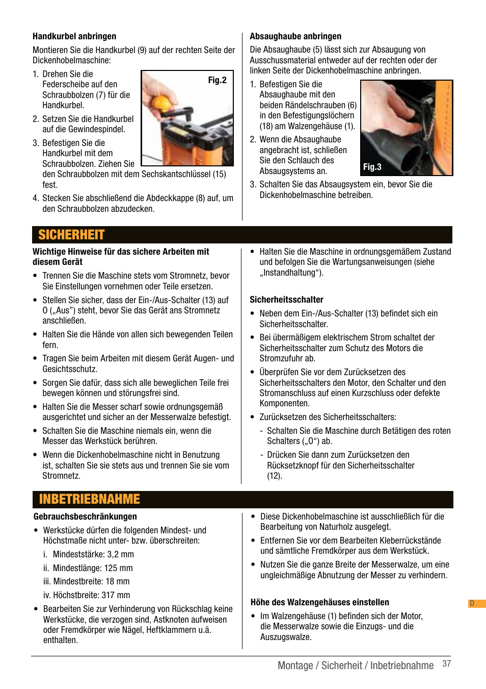 Sicherheit, Inbetriebnahme | Triton TPT 125 User Manual | Page 37 / 64